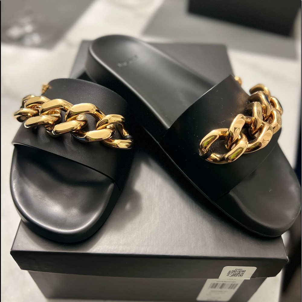 Versace MEDUSA CHAIN LEATHER SLIDES